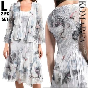 2 PC KOMAROV Charmuese Metallic Braided Sheer Chiffon Pleated Dress LARGE 12 14